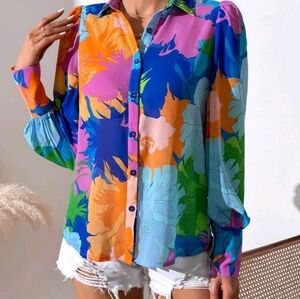 Floral Bold Colorful Long Sleeve Blouse Shirt Top Size Medium